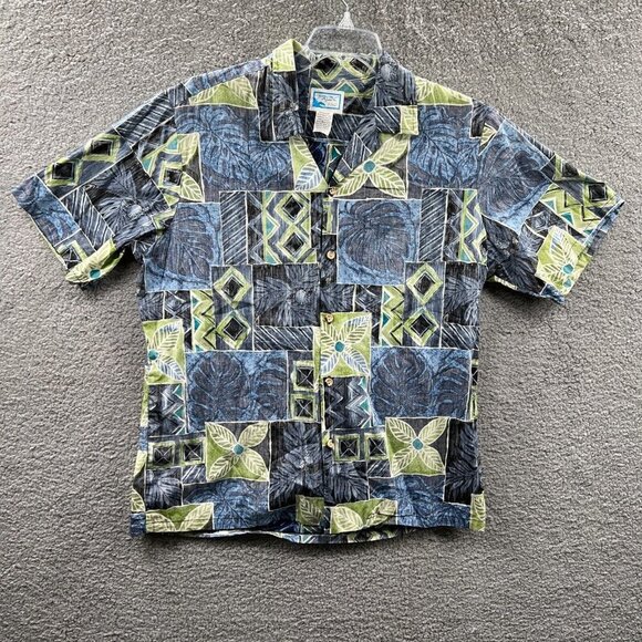 Pride Of Hawaii Mens Aloha Shirt Large Blue Floral Hawaiian Reverse Print Pocket - Picture 1 of 7
